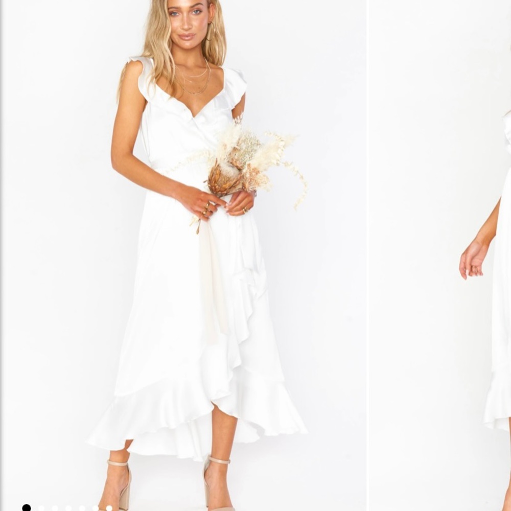 Show Me Your Mumu Samantha Ruffle Wrap dress in ivory satin